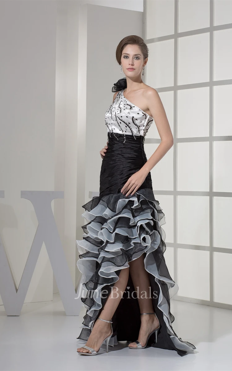 Asymmetrical Flowered One-Shoulder Gown with Ruffles and Beading Embellishment