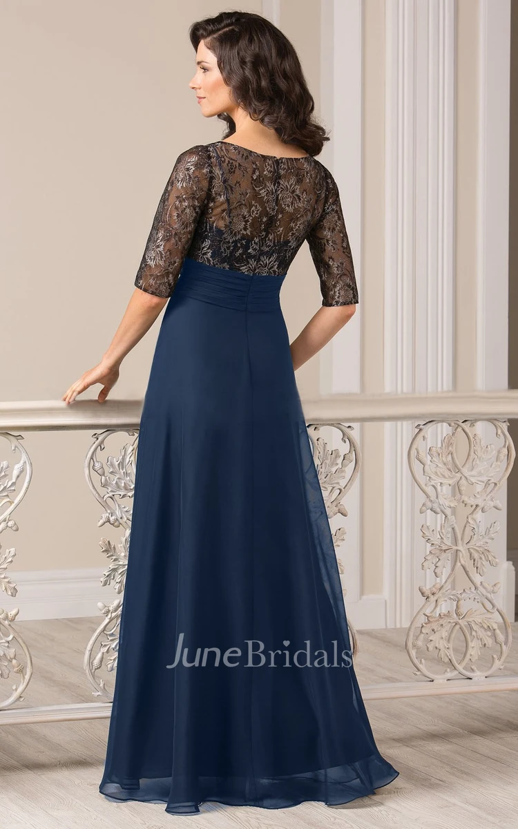 Modest Floral A-Line Hale Sleeve Formal Dress Elegant Maxi Chiffon Navy Blue Illusion Bodice Maxi Party Gown