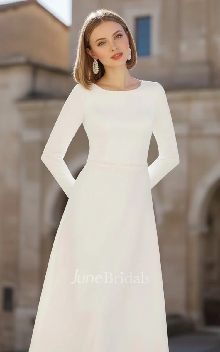 Modest Long Sleeves Bateau Spring Wedding Dress Minimalist LDS White A-Line Bridal Gown