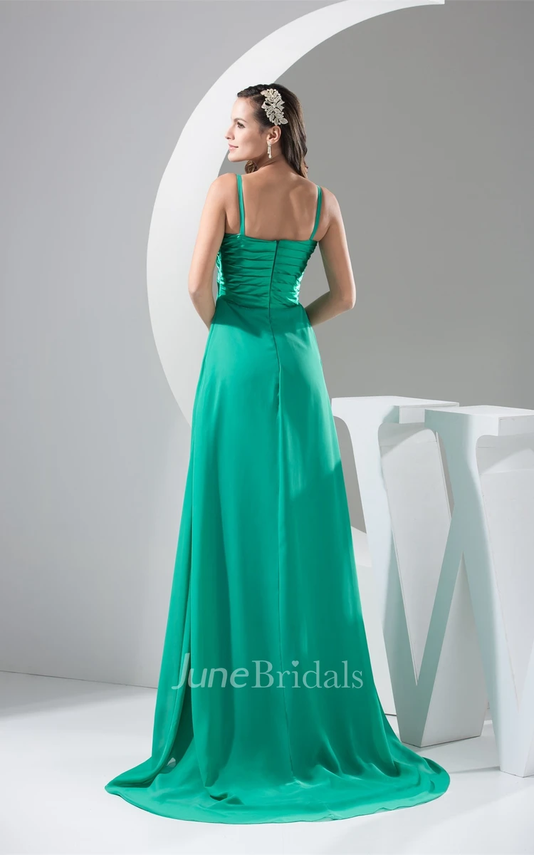 Spaghetti-Straps Chiffon Maxi Dress with Pleats and Broach