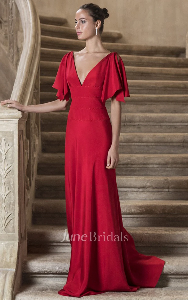 Elegant A Line Half Sleeve Satin V-neck Floor-length Formal Dress