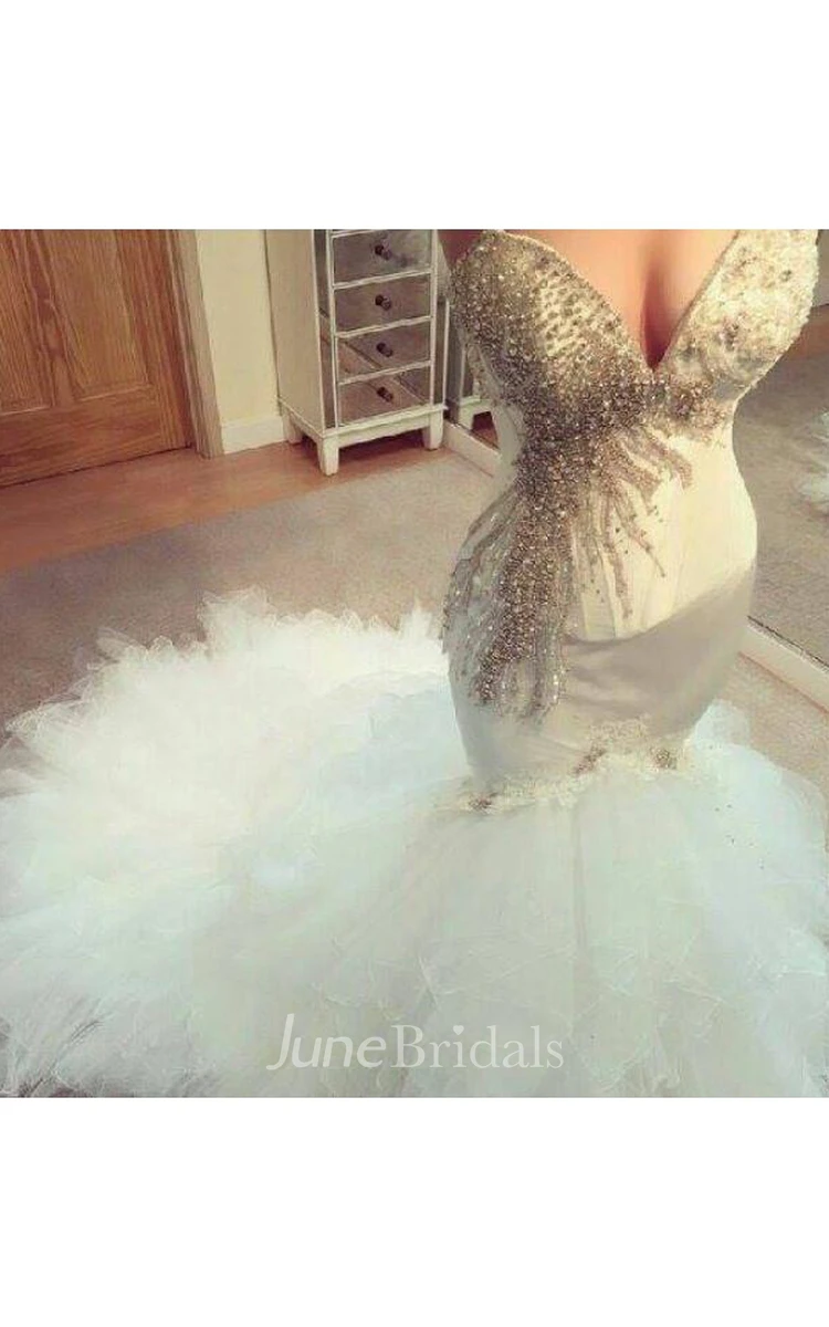 Glamorous Mermaid Beadings Tulle Wedding Dress Long Train