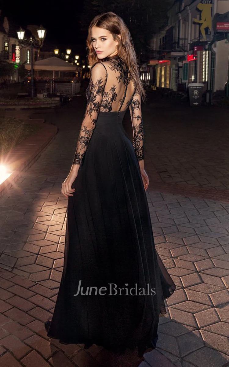 Illusion Neckline Beaded Lace Long Sleeves Prom Formal Dress with