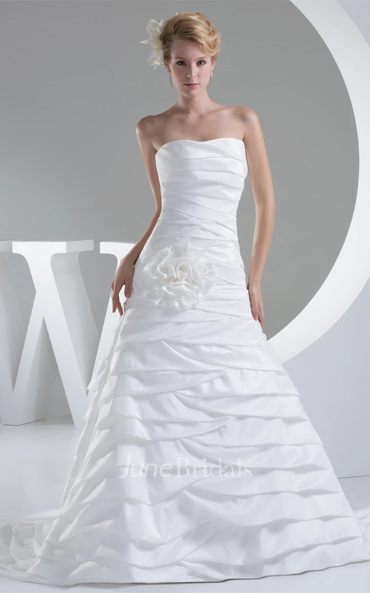 Strapless A-Line Satin Dress with Flower and Ruched Design