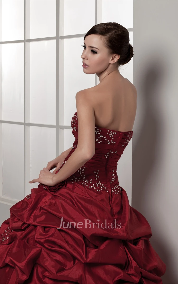 Strapless Pick-Up Ball Gown with Rhinestone and Flower