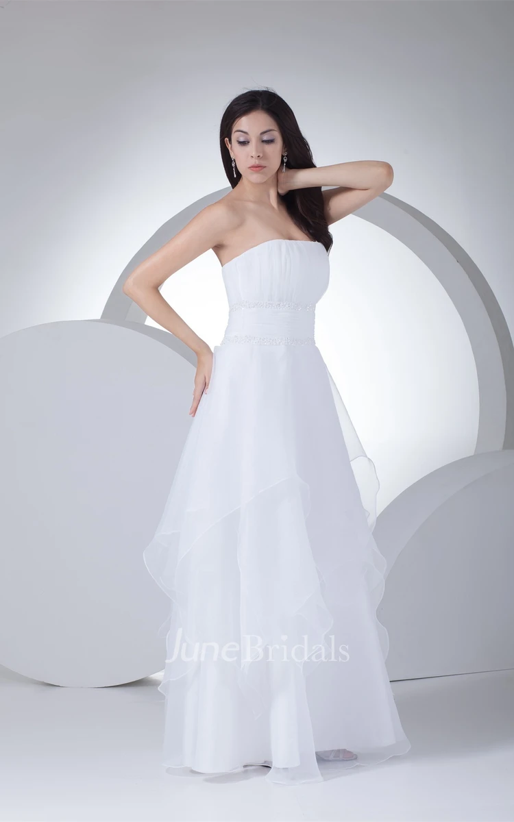 Strapless Ruffled A-Line Gown with Stress and Ruched Waist