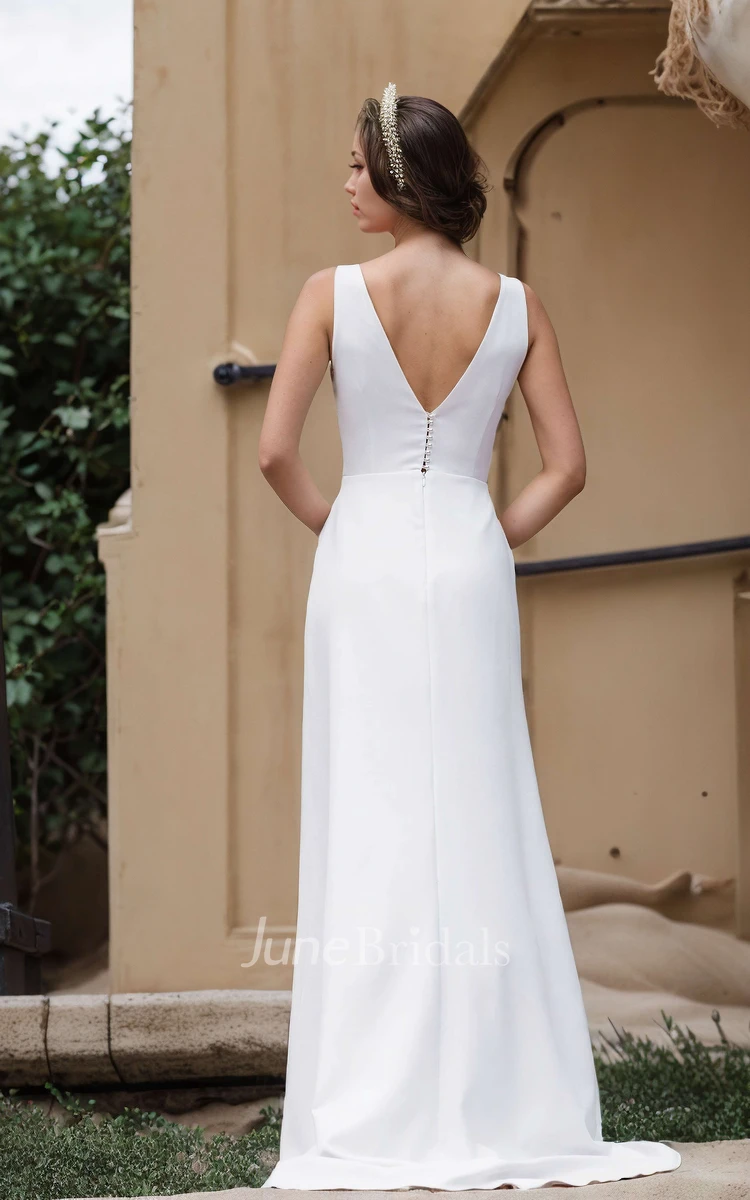 Simple Modest Sheath High Neck Satin Wedding Dress Minimalist Casual Low-V Pearl Back Floor Length Sweep Train Bridal Gown