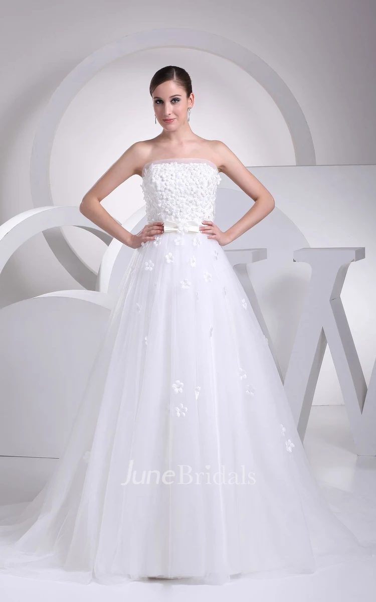 Strapless Tulle A-Line Dress With Ribbon and Flower