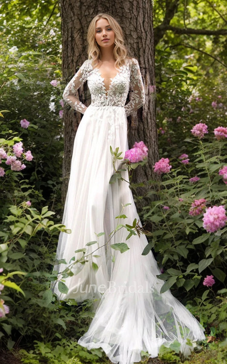 Sexy Ethereal A-Line Plunging Neckline Long Sleeve Lace Appliques Tulle Wedding Dress Vintage Elegant Garden Floor-length Deep-V Back Bridal Gown with Train