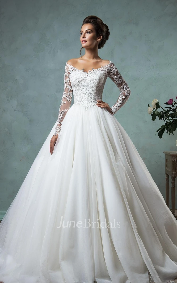 A-Line Ball Gown Empire Mini Jewel V-Neck Long Sleeve Bell Empire Dropped Appliques Court Train Backless Tulle Lace Dress