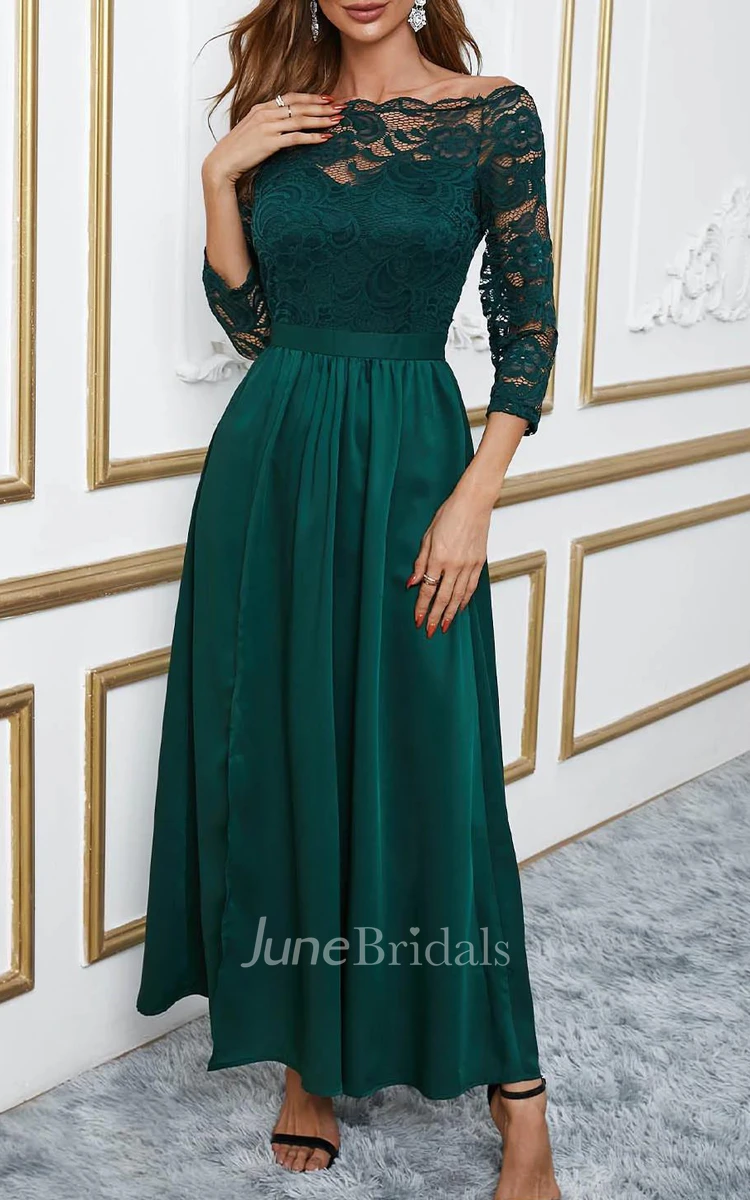 Modest A-Line Satin Cocktail Dress With 3/4 Length Sleeves And Illusion back