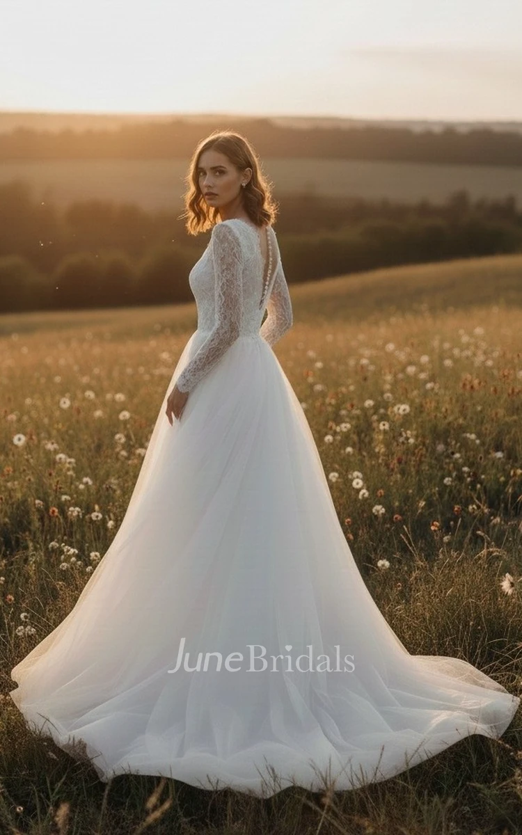 Elegant A-Line V-Neck Lace Spring Wedding Dress with Long Sleeves and Court Train Romantic Garden Gown