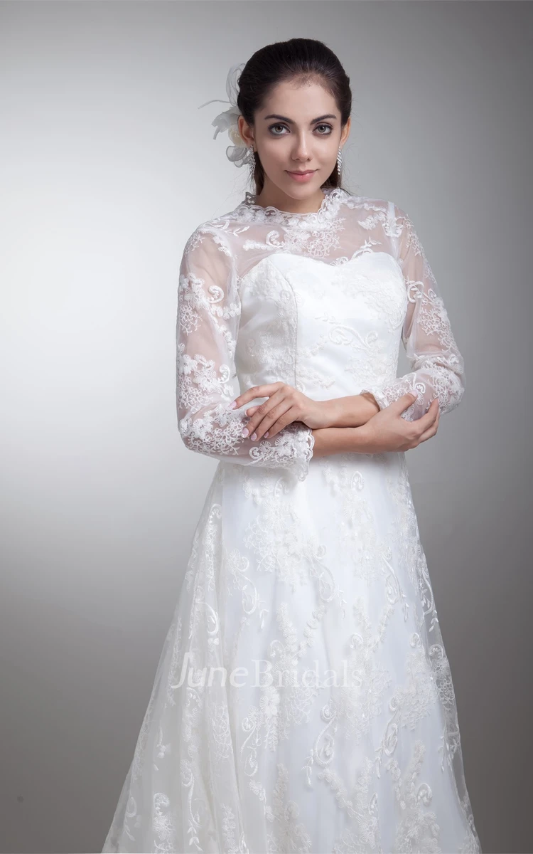 Lace High-Neck A-Line Dress with Illusion Long Sleeve