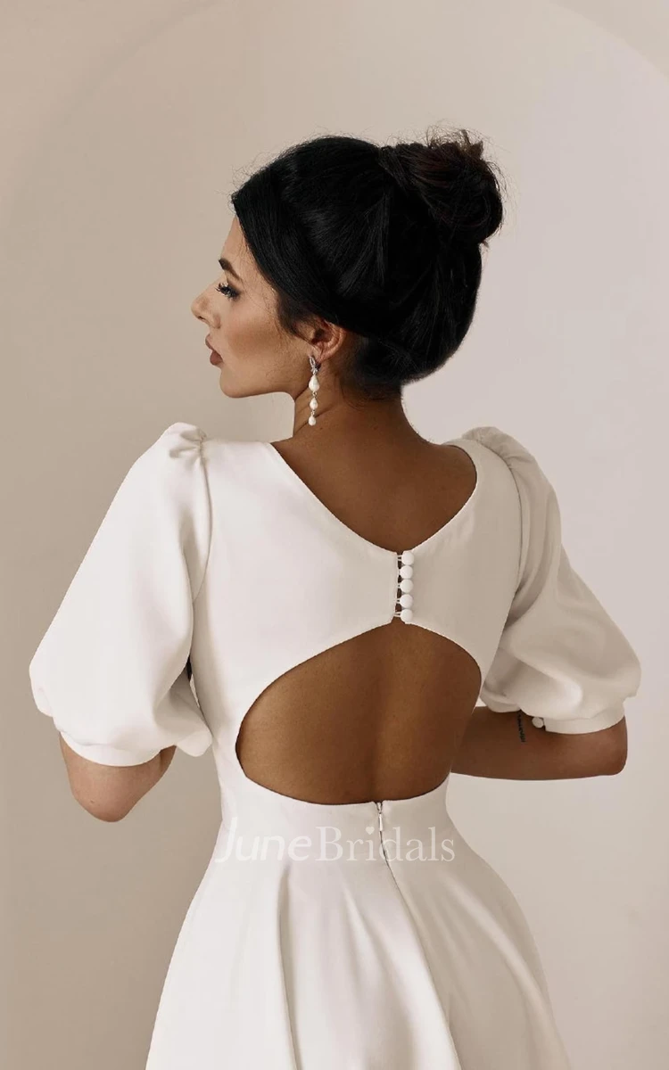 Modern Minimalist Tea Length Wedding Dress Civil A-Line Puff Sleeves Second Dress