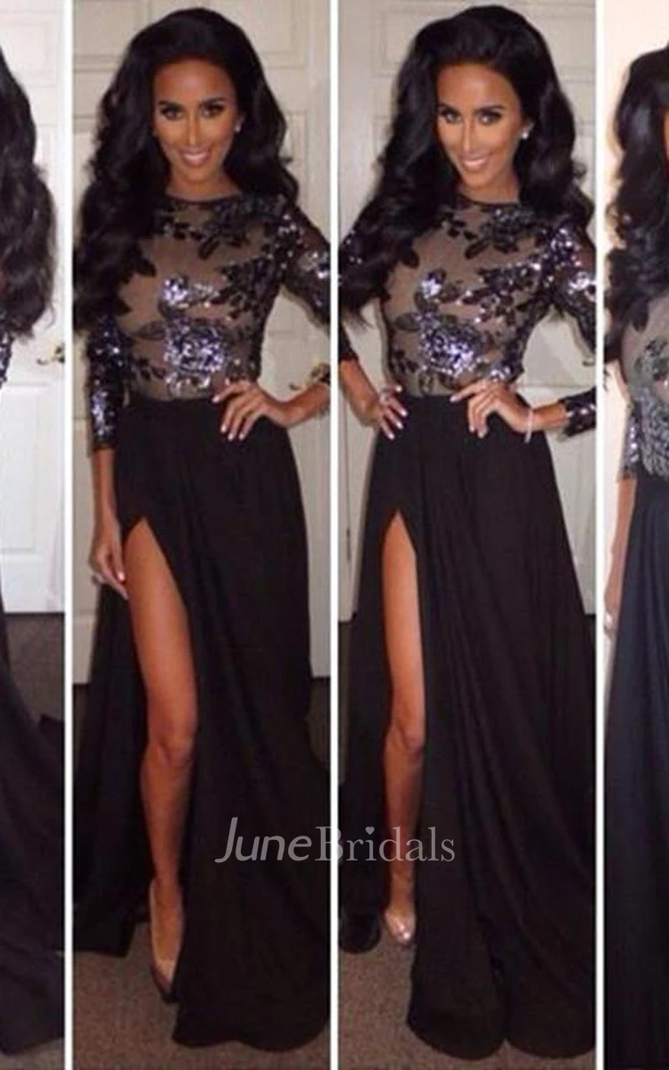 Sexy Chiffon Black Front Split Prom Dress Sequins Backless