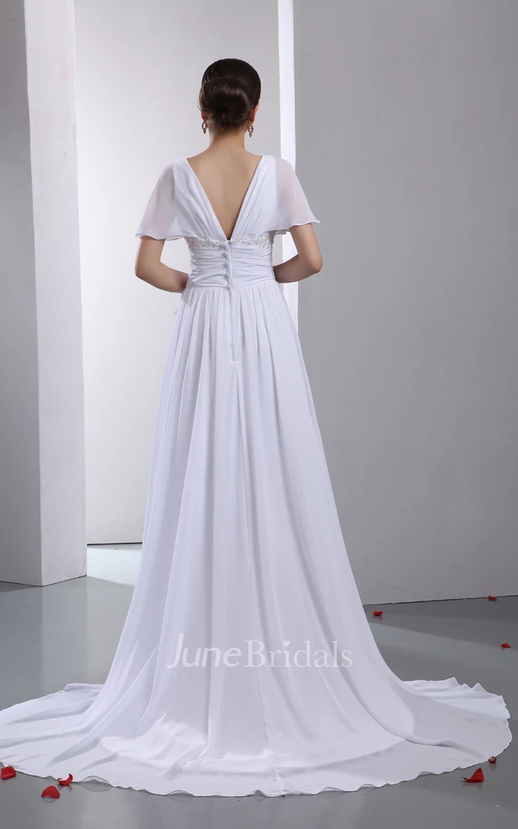 A-Line Fantastic V-Neck Soft Flowing Fabric Capped Pleated Gown