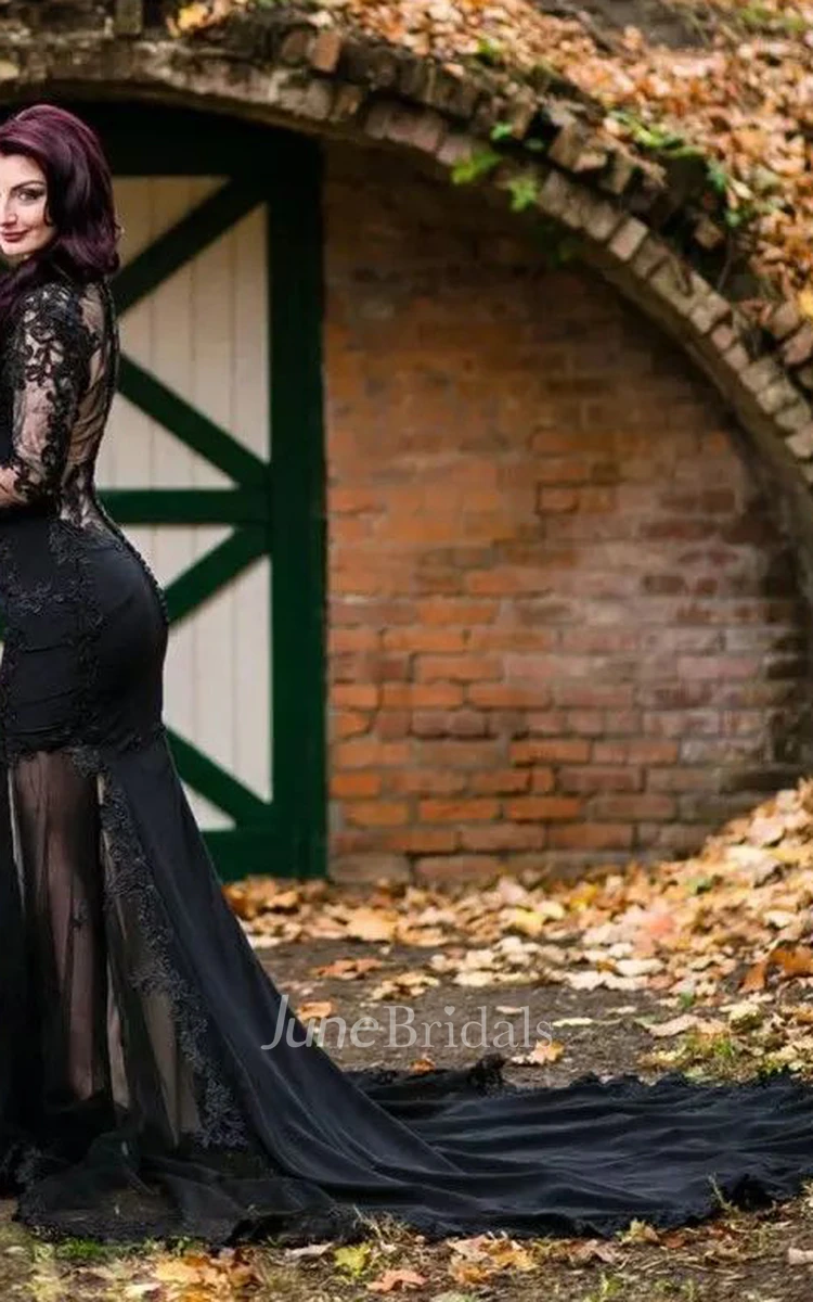 Sheath V-neck Jersey Lace Floor-length Court Train Long Sleeve Wedding Dress with Illusion Back