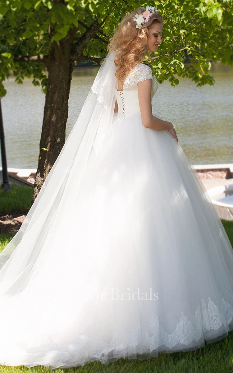 Ball Gown V-Neck Ruched Cap Sleeve Tulle Wedding Dress