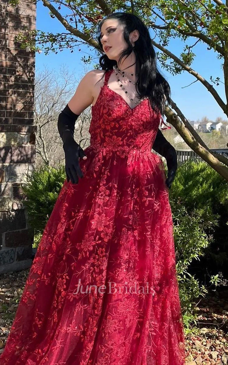 Vintage A-Line Lace Prom Dress With Open Back And Appliques