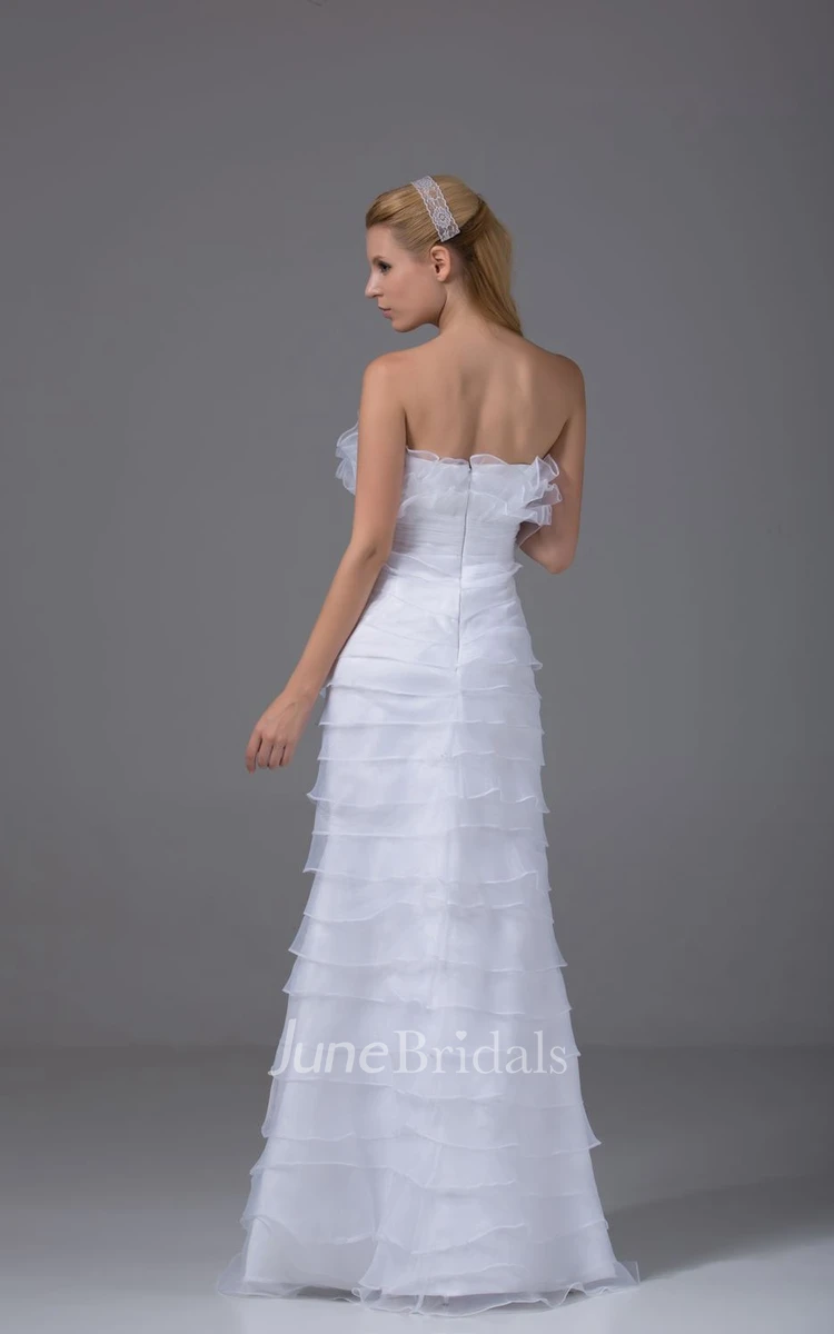 Strapless Organza Tiered Floor-Length Dress With Flower