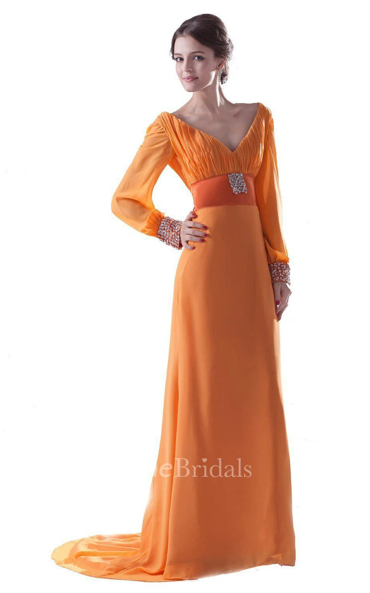 Long-sleeved V-neck Gown With Empire Waist