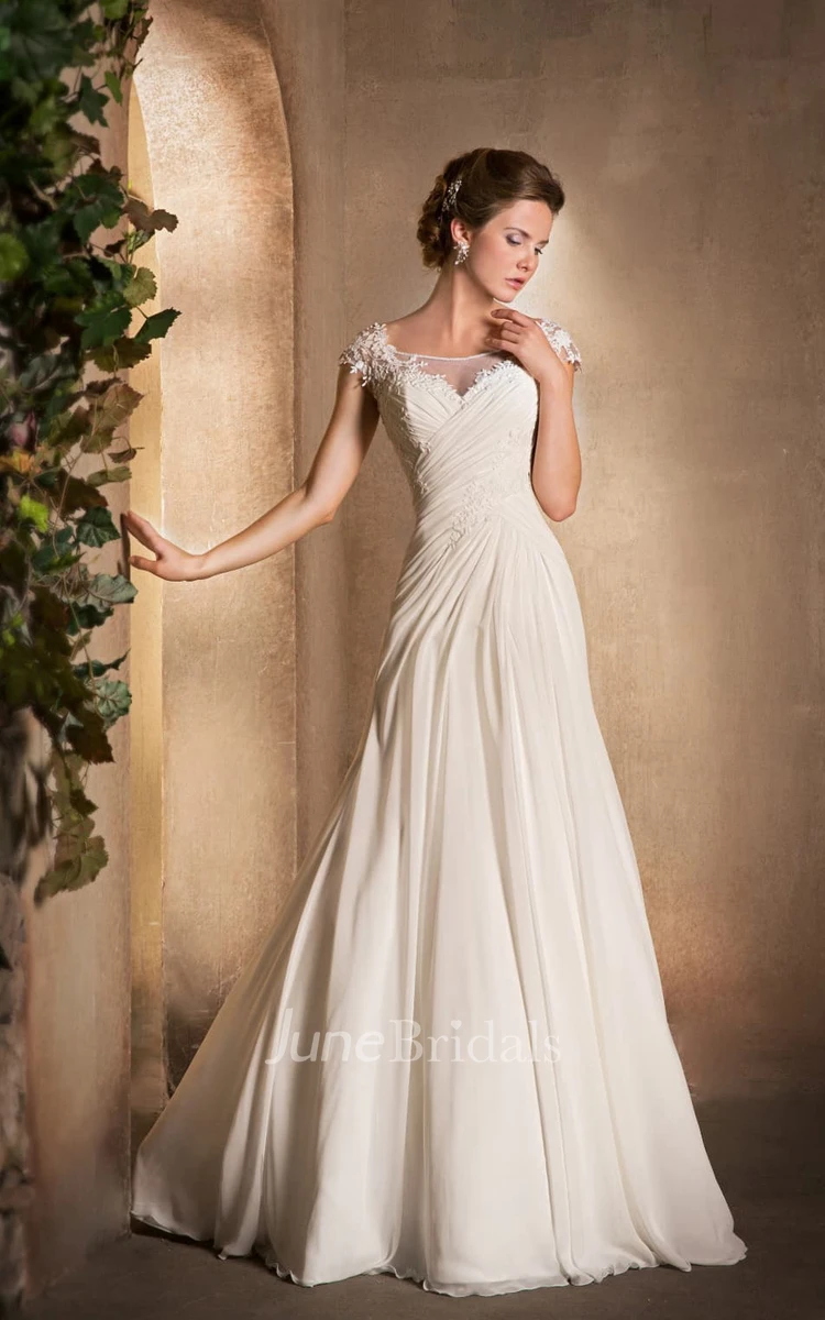 A-Line Scoop-Neck Cap-Sleeve Chiffon Dress With Ruching And Appliques