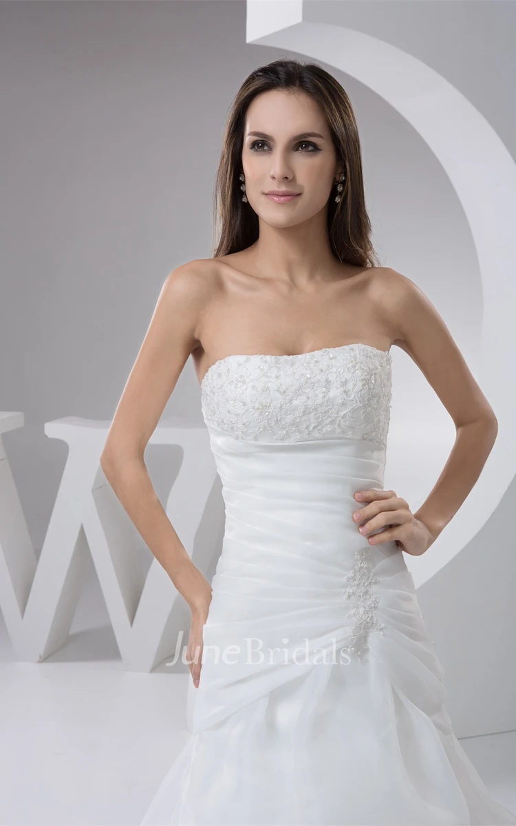 Strapless Tulle Pick-Up Dress with Appliques and Brush Train