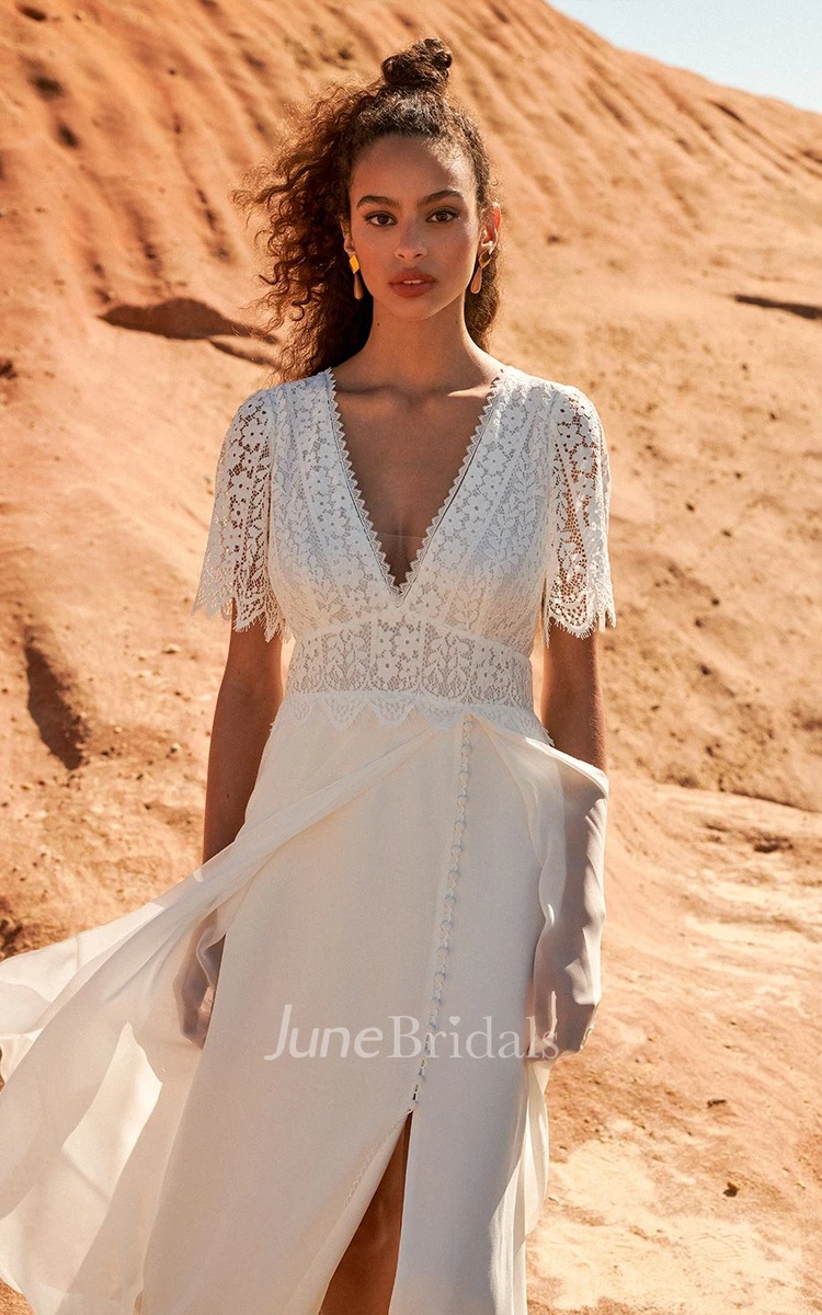 Plunging Half Sleeve Bohemian Front Split Lace And Chiffon Wedding Dress With Open Back