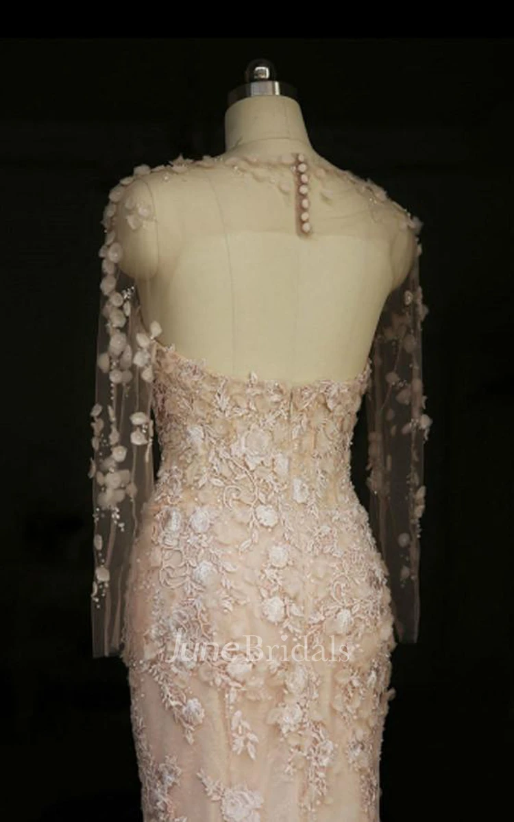 Designer Open Back Sheer Flowers Long Sleeve Mermaid Wedding Dress