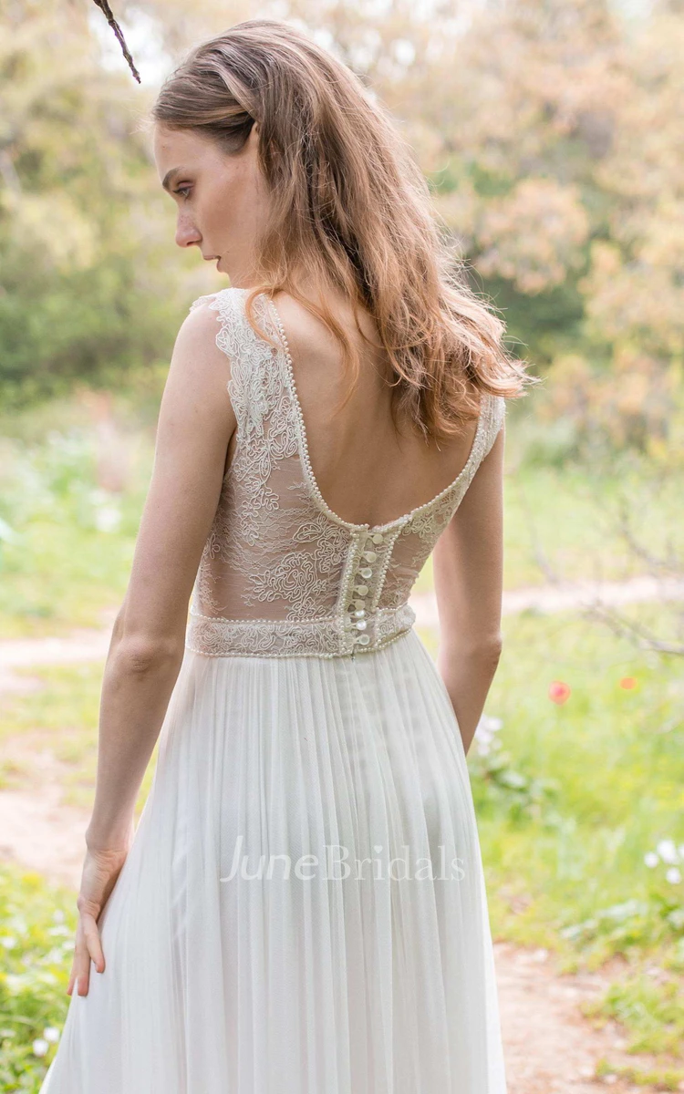 Plunged Sleeveless Pleated Wedding Dress With Lace And Low-V Back