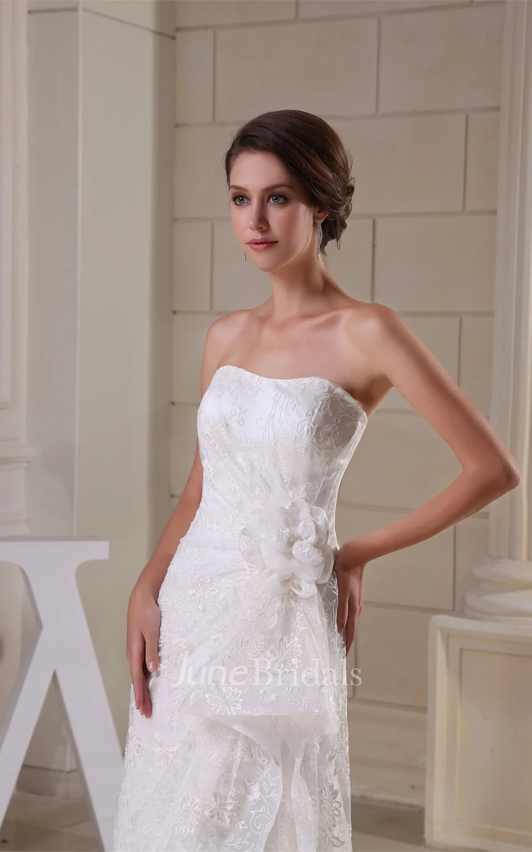 Strapless Lace Sheath Dress with Ruching and Flower