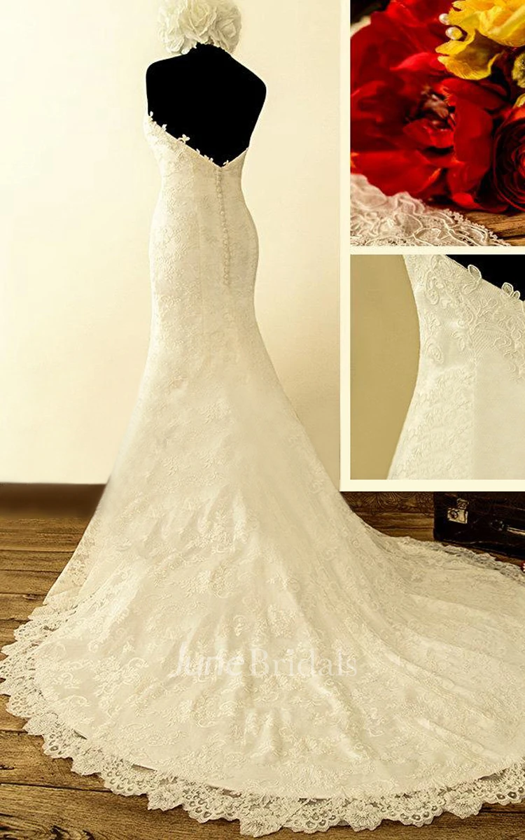 Sweetheart Mermaid Long Lace Wedding Dress With Flower And Button Back