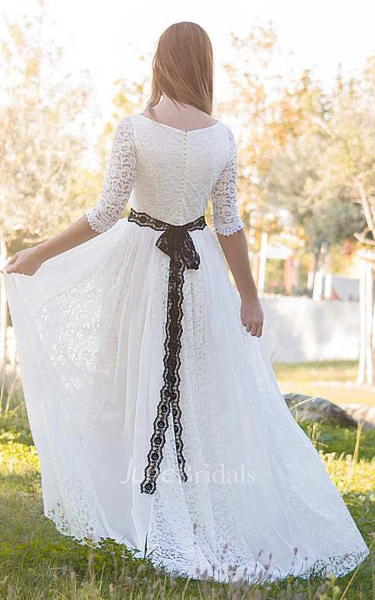 Bateau Lace Half Sleeve Pleated Wedding Dress With Lace Ribbon