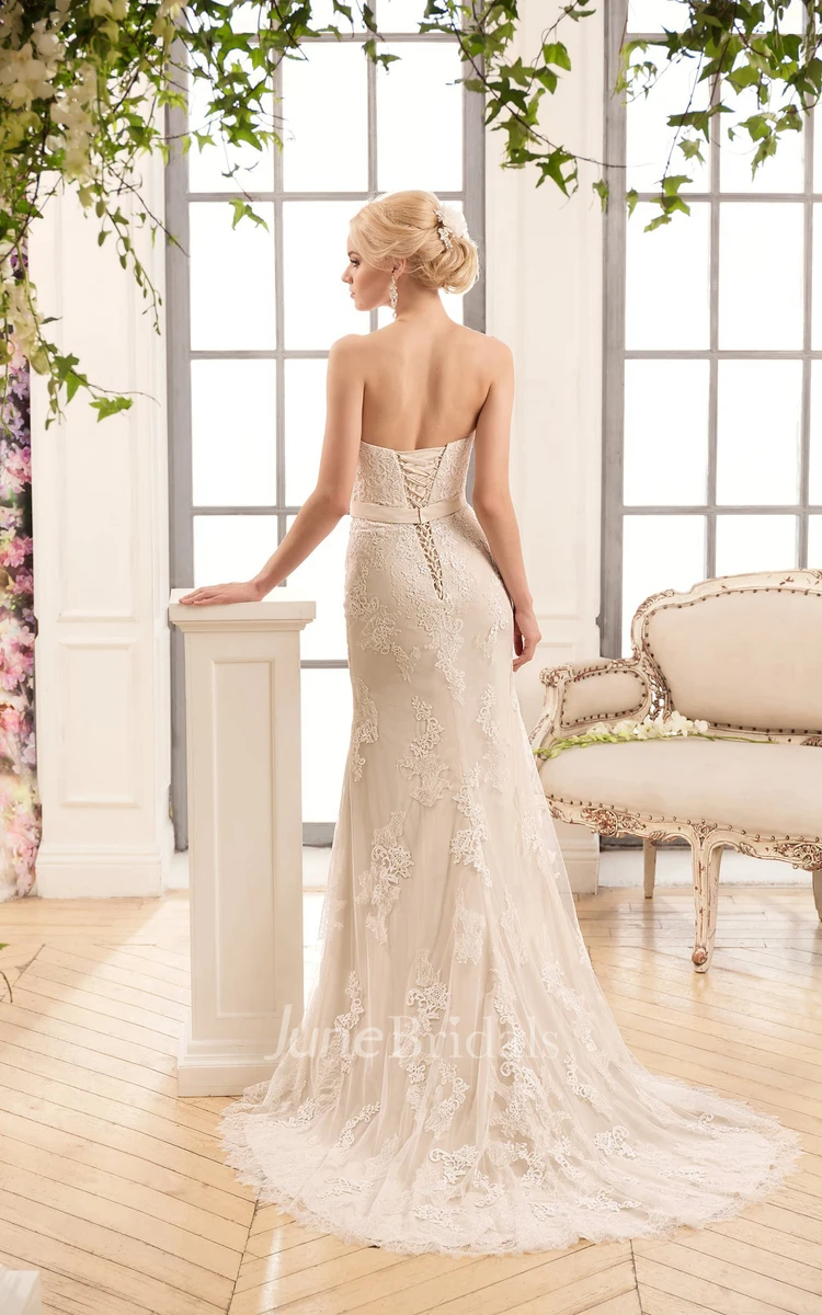 Sheath Floor-Length Sweetheart Sleeveless Backless Lace Dress With Appliques And Bow
