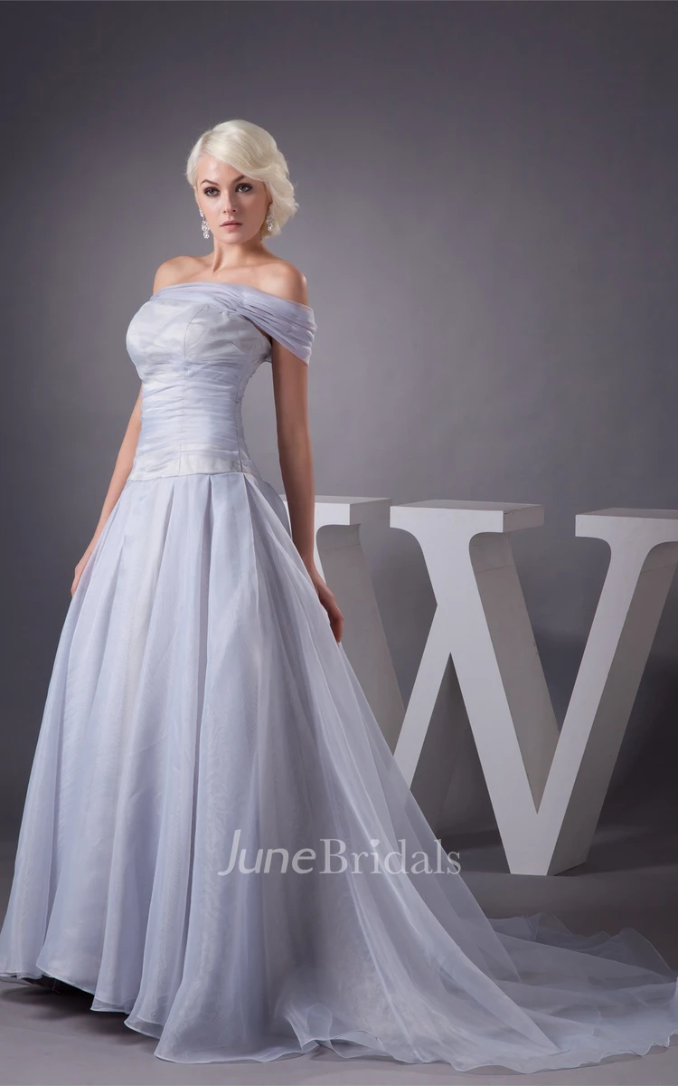 Off-The-Shoulder Ruched A-Line Gown with Pleats and Brush Train