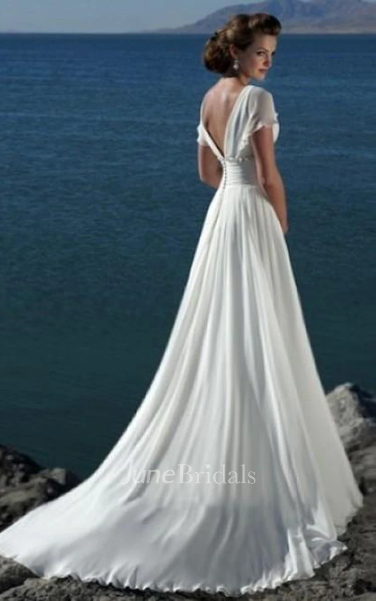 Greek A-line Princess V-neck Short Sleeves Beading Sweep Brush Train Chiffon Beach Wedding Dress