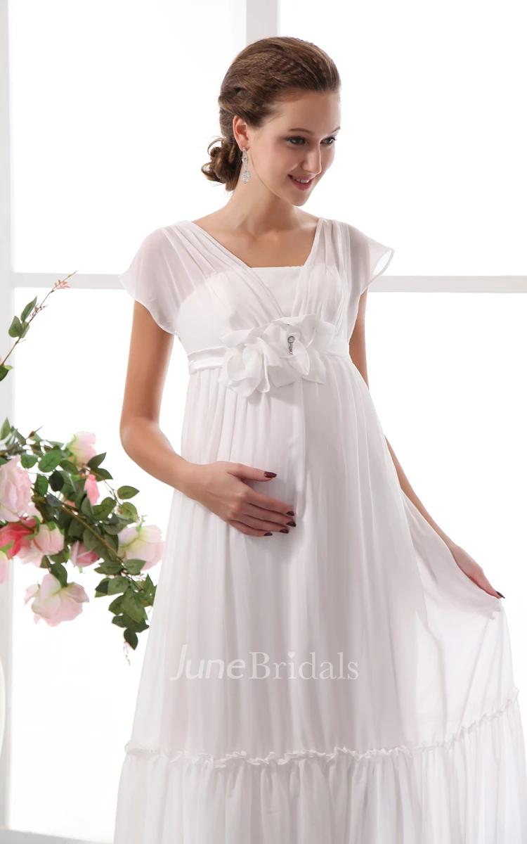 Chic Pleated Soft Flowing Fabric Maternity Wedding Dress With Floral Waistband