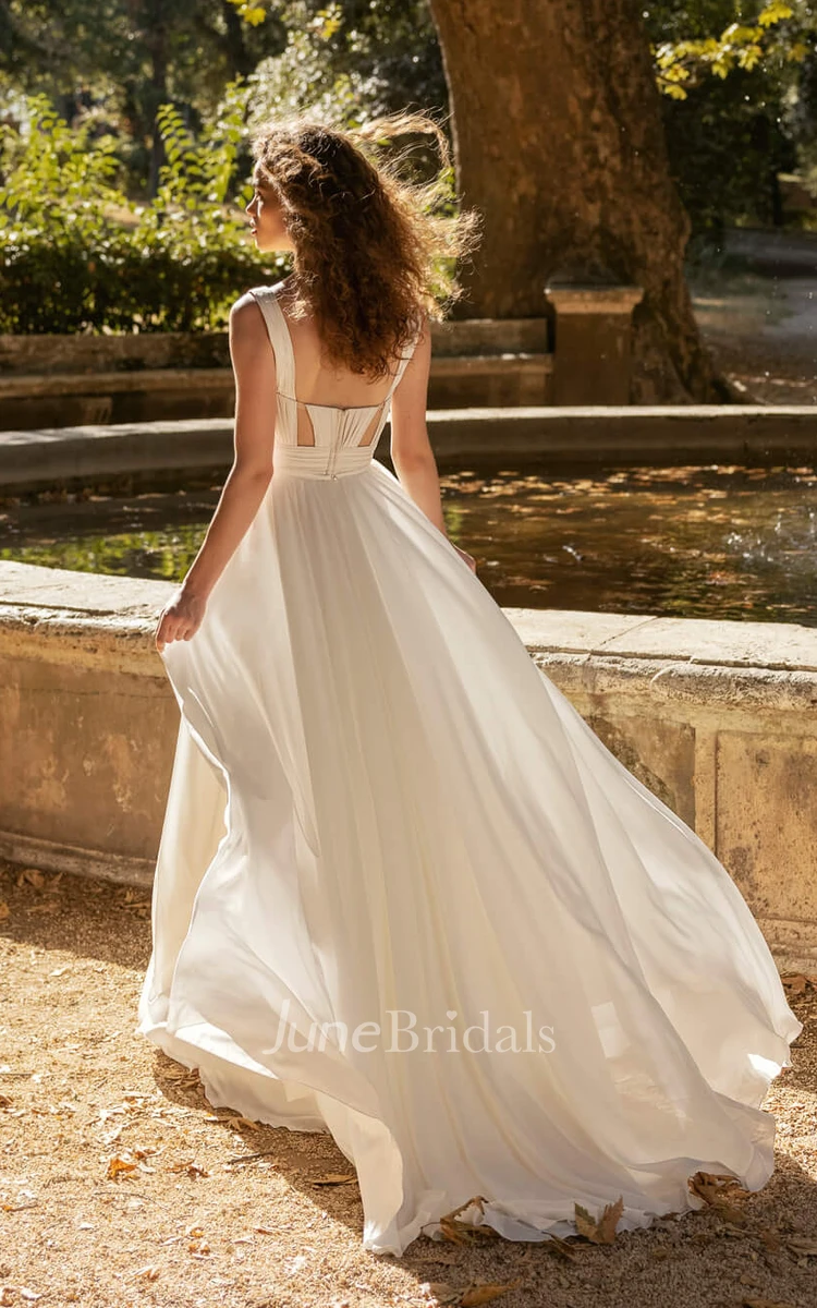 Casual Straps Backless Chiffon Wedding Dress with Shell Notched Front Flowing