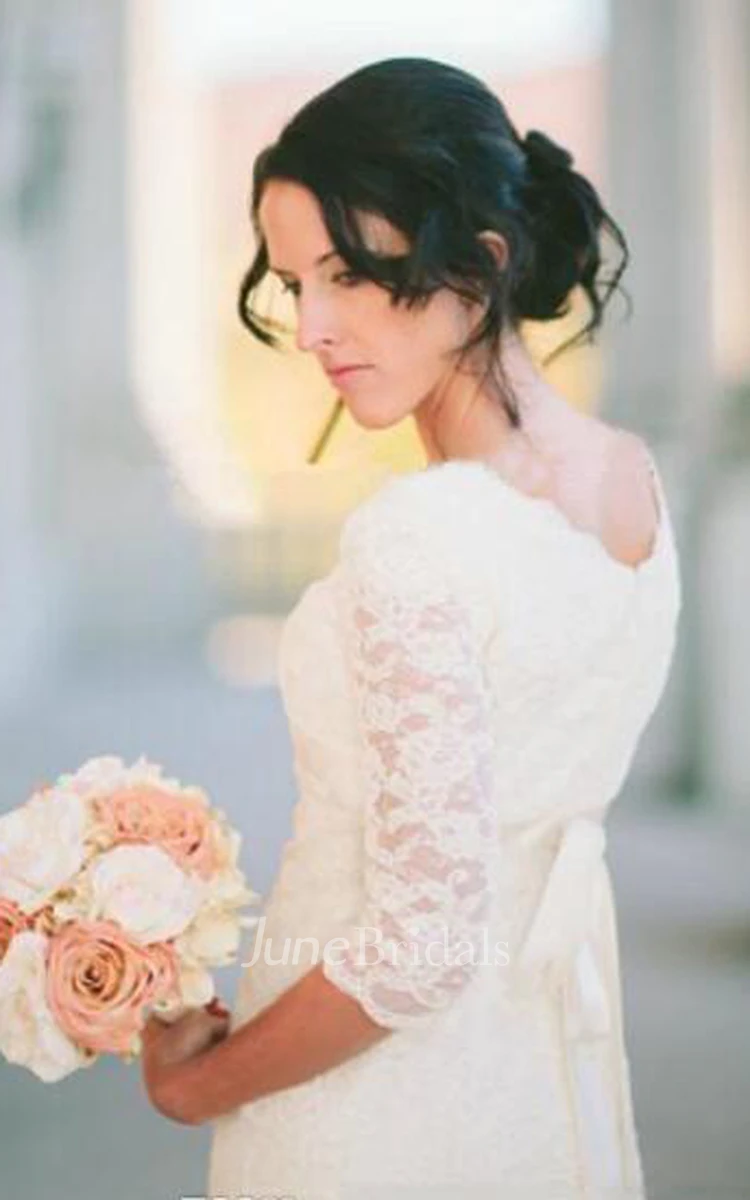 Romantic Beach 3-4 Sleeve Jewel Modest White Bohemian Lace Wedding Dress