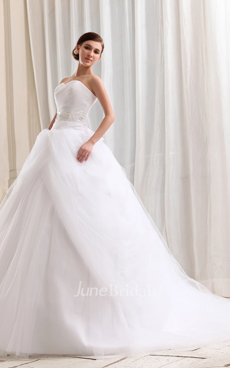 A-Line Sweetheart Sleeveless Ball Gown With Court Train And Soft Tulle