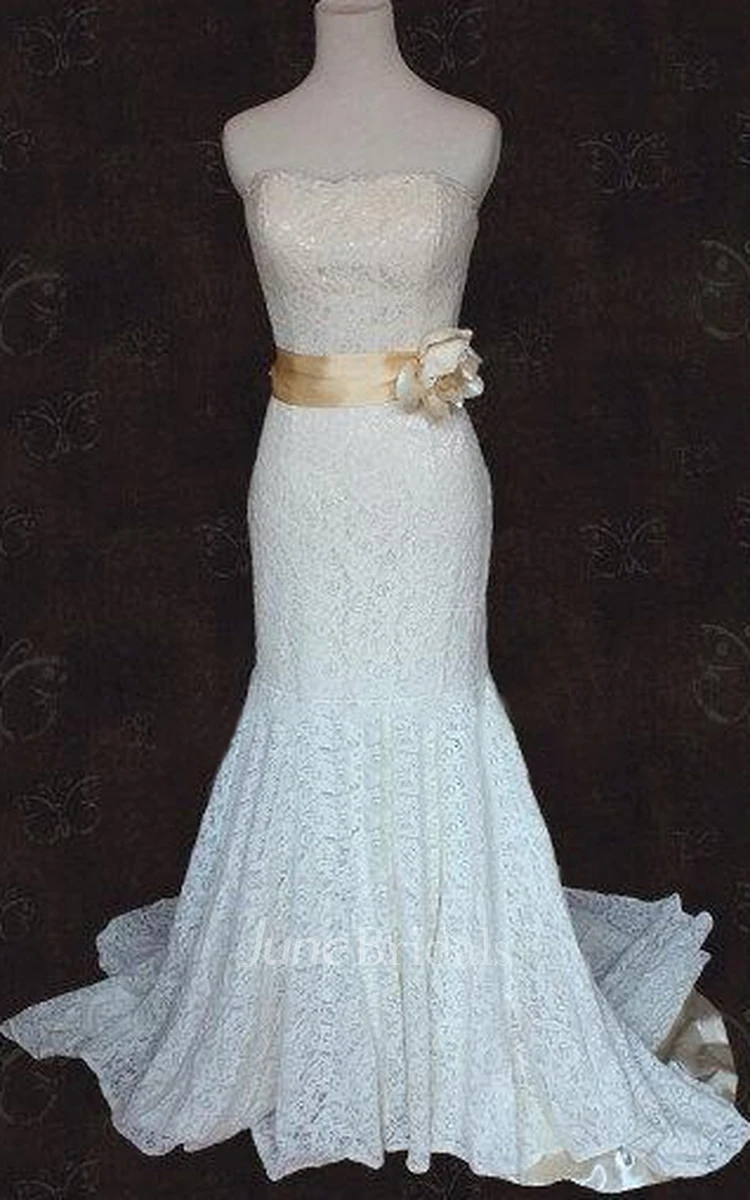 Sweetheart Backless Sheath Long Lace Wedding Dress With Sash And Flower