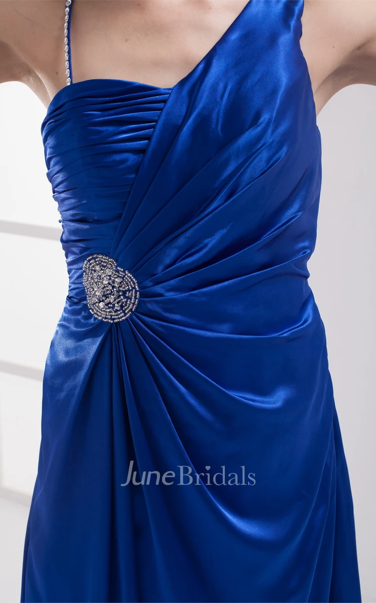 One-Shoulder Side-Ruched Satin Dress with Broach and Front Slit