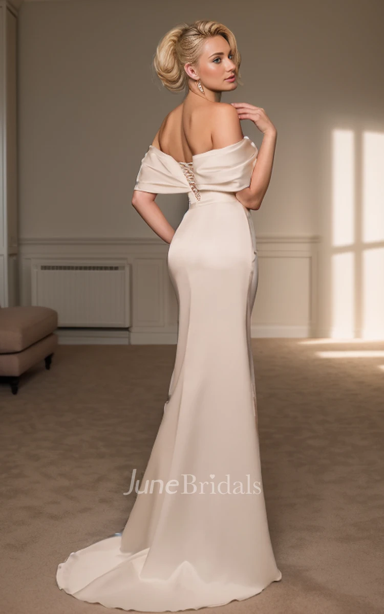 Mermaid Off-the-shoulder Sexy Modern Solid Tall Women Floor-length Sleeveless Backless Lace-up Back Vow Renewal Wedding Dress with Bow Split Front
