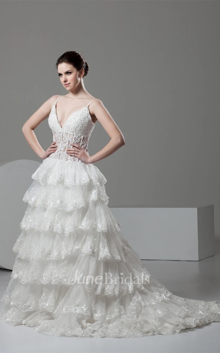 Plunged Tiered Lace A-Line Gown with Spaghetti-Straps