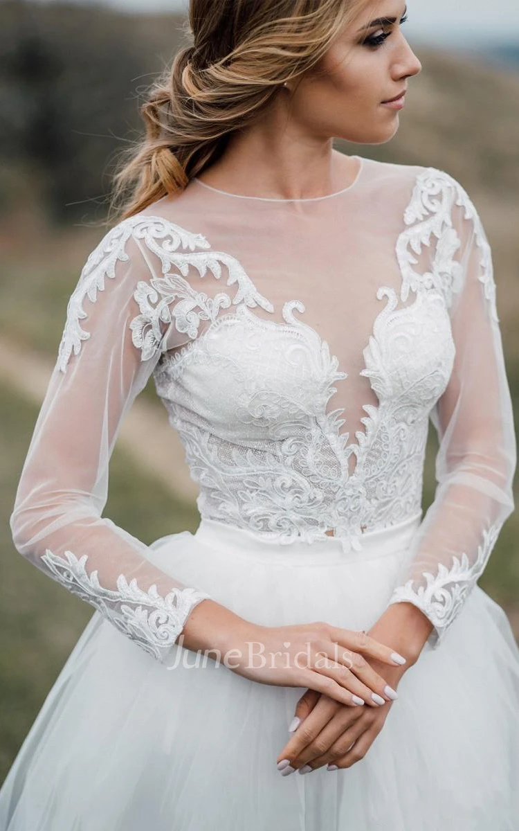 Glamorous Bohemian Illusion Sleeves Lace Two Piece Court Train Wedding Dress