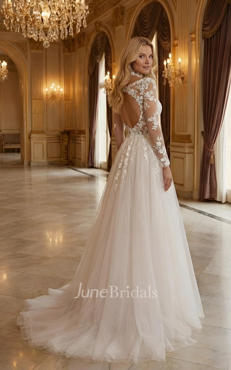 Modern Square Neck Lace Wedding Dress Long Sleeves Flowy A-Line Gown with Open Back