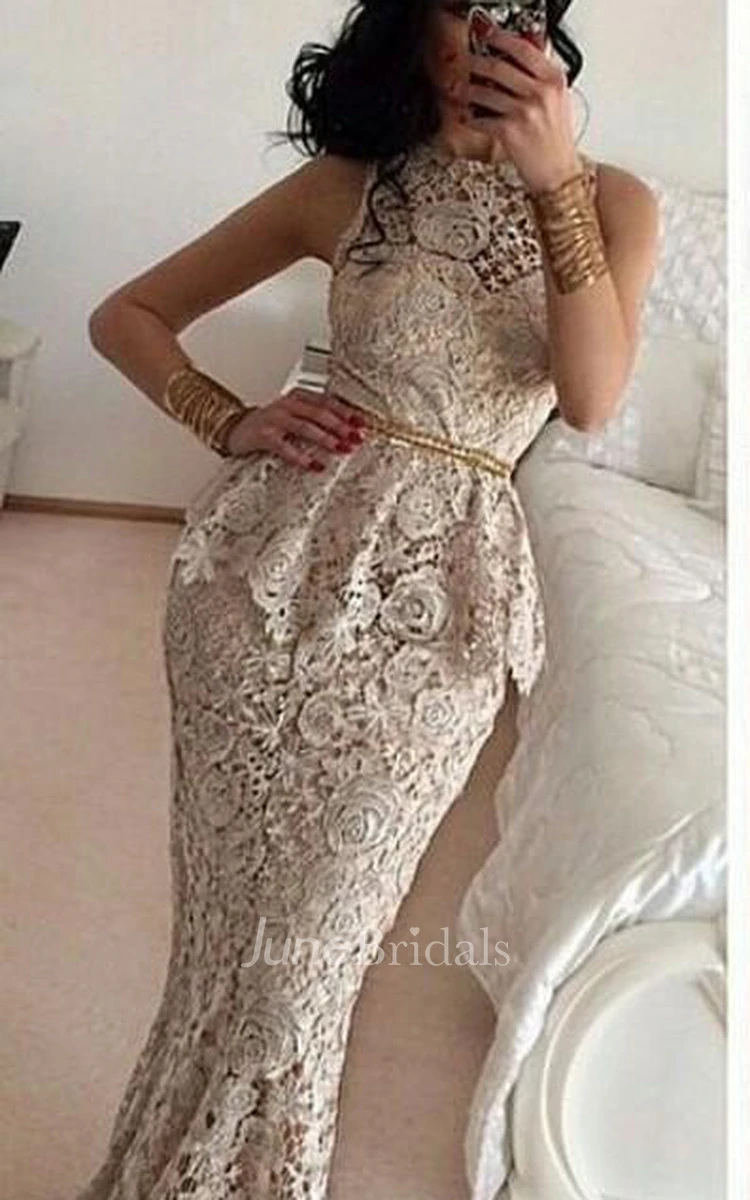 Gorgeous Full Lace Sleeveless Mermaid Evening Dresses Sweep Train Prom Gowns
