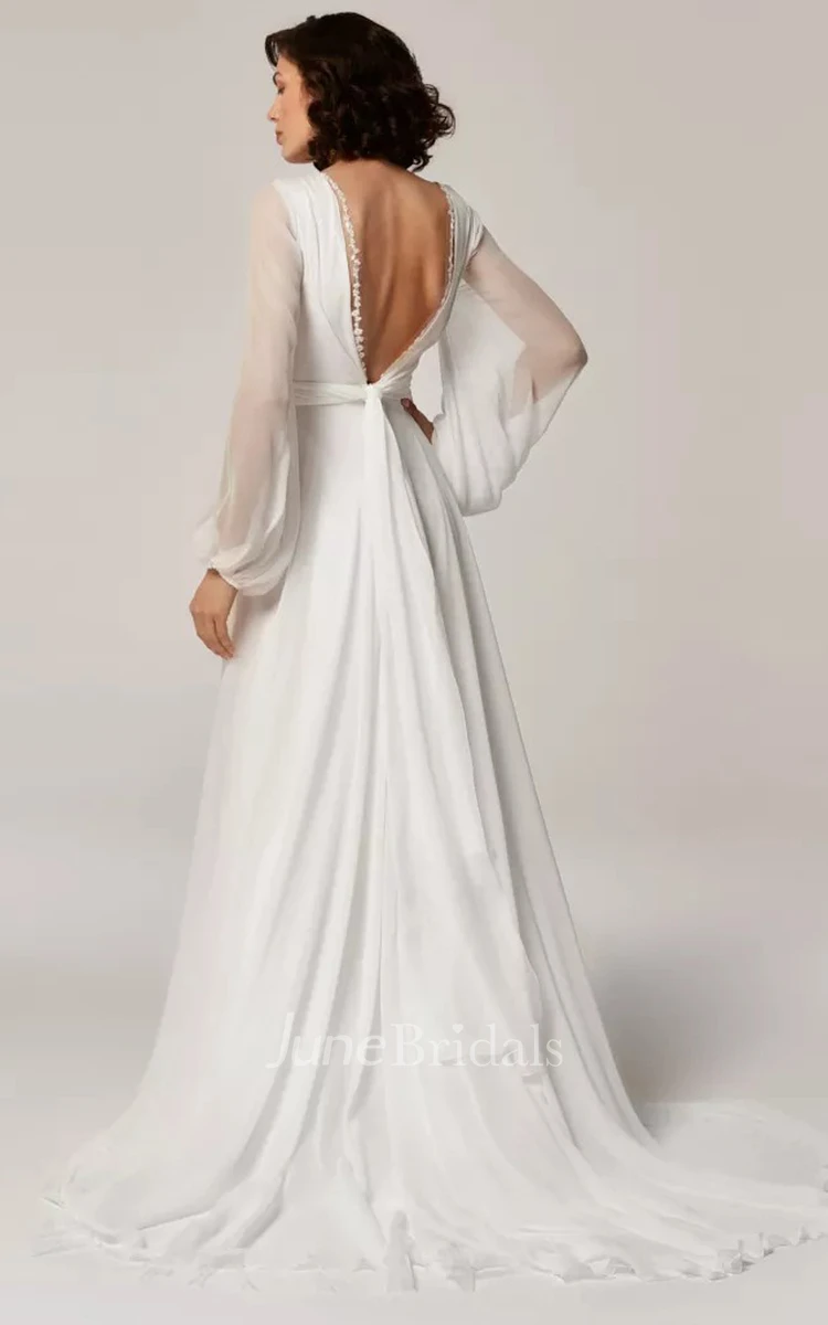 Simple A Line Chiffon 3/4 Length Sleeve Poet Wedding Dress with Ruching