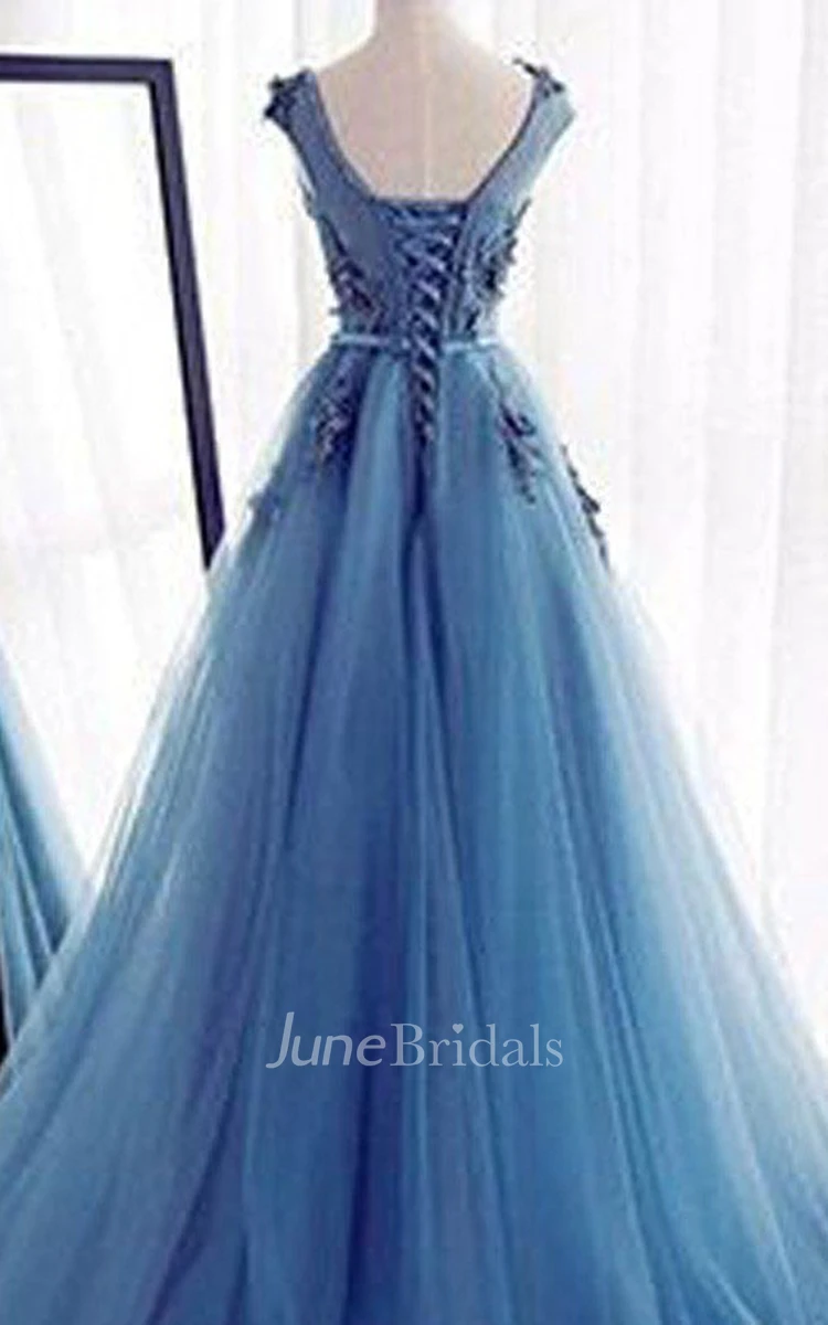 A-line Sleeveless Jewel Floor Length Applique Tulle Dress