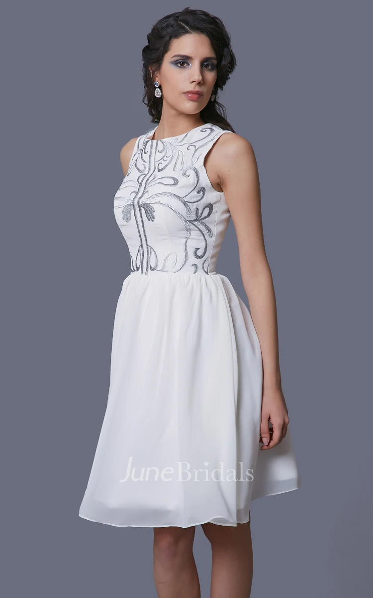 Jewel Neck Sleeveless A-Line Knee Length Chiffon Dress With Embroidery
